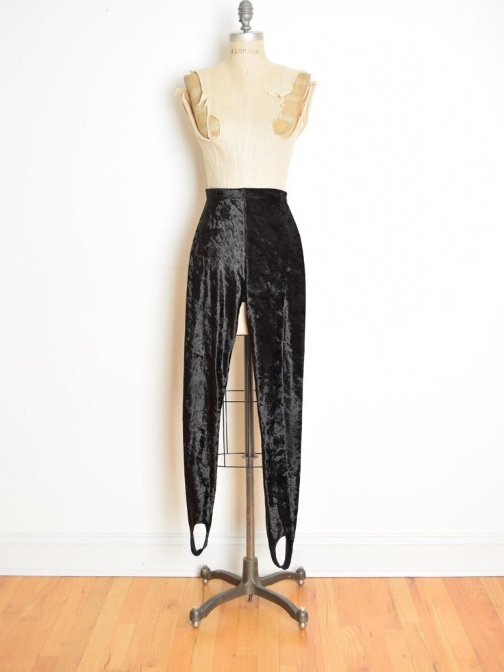 vintage 90s pants black crushed velvet stirrup high waist rise stretch knit S M